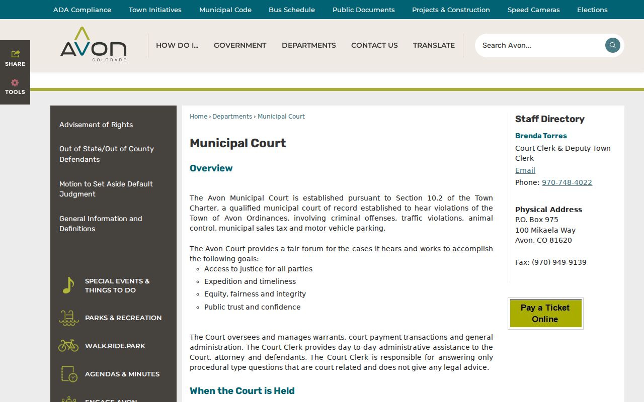 Eagle County Clerk of Court records Avon municipal court page
