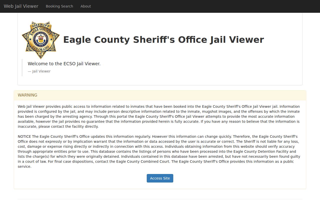 Eagle County arrest records Web Jail Viewer landing page