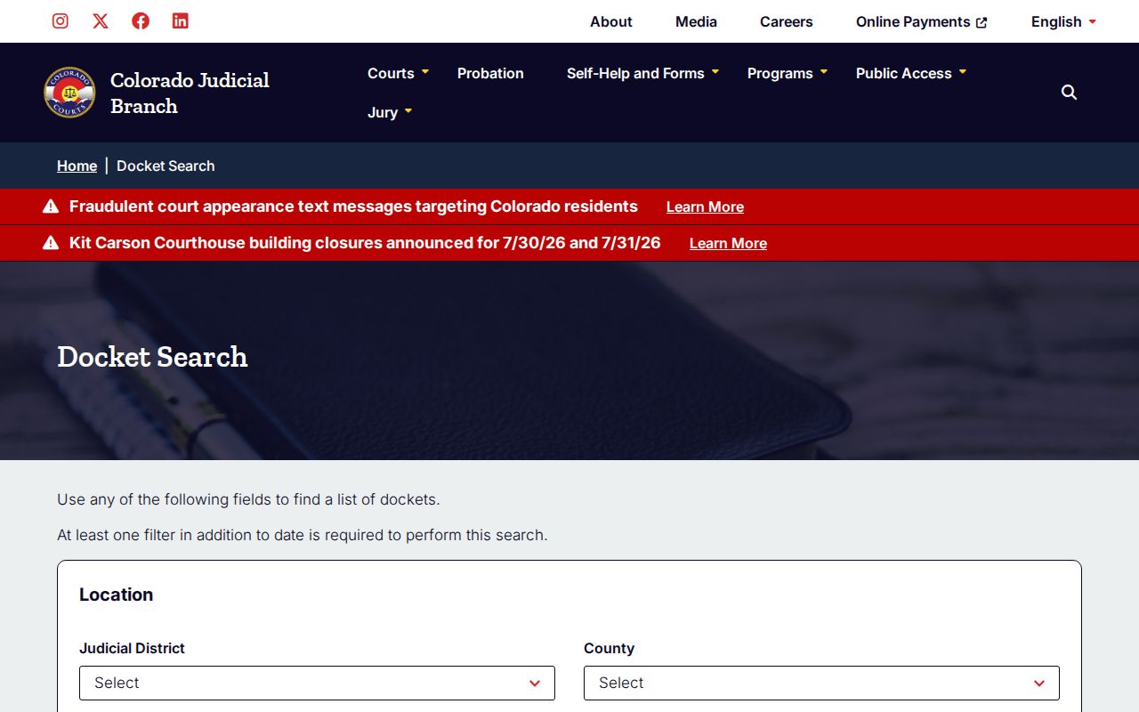 Eagle County court dockets Colorado statewide docket search
