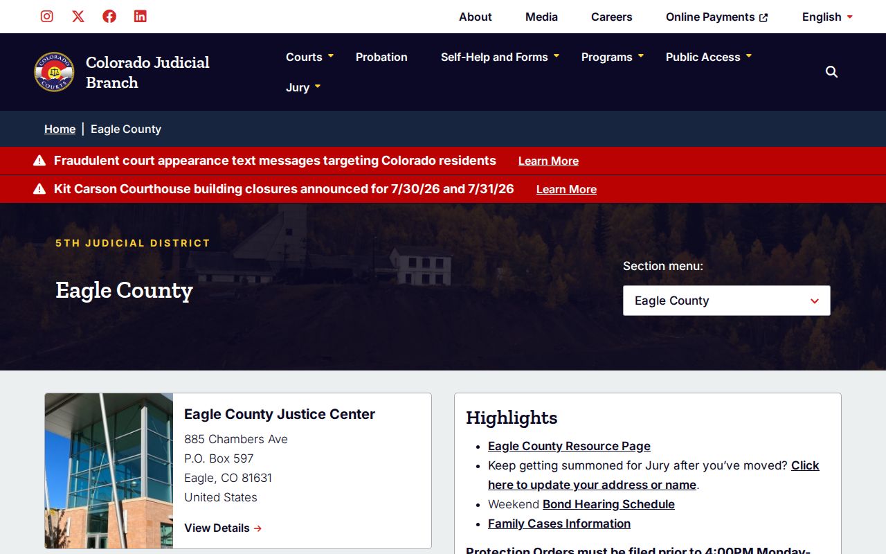 Eagle County court records on the local trial court landing page