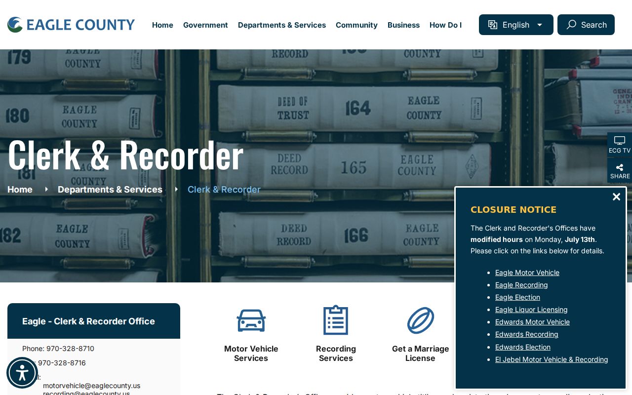 Eagle County marriage records Clerk and Recorder office page
