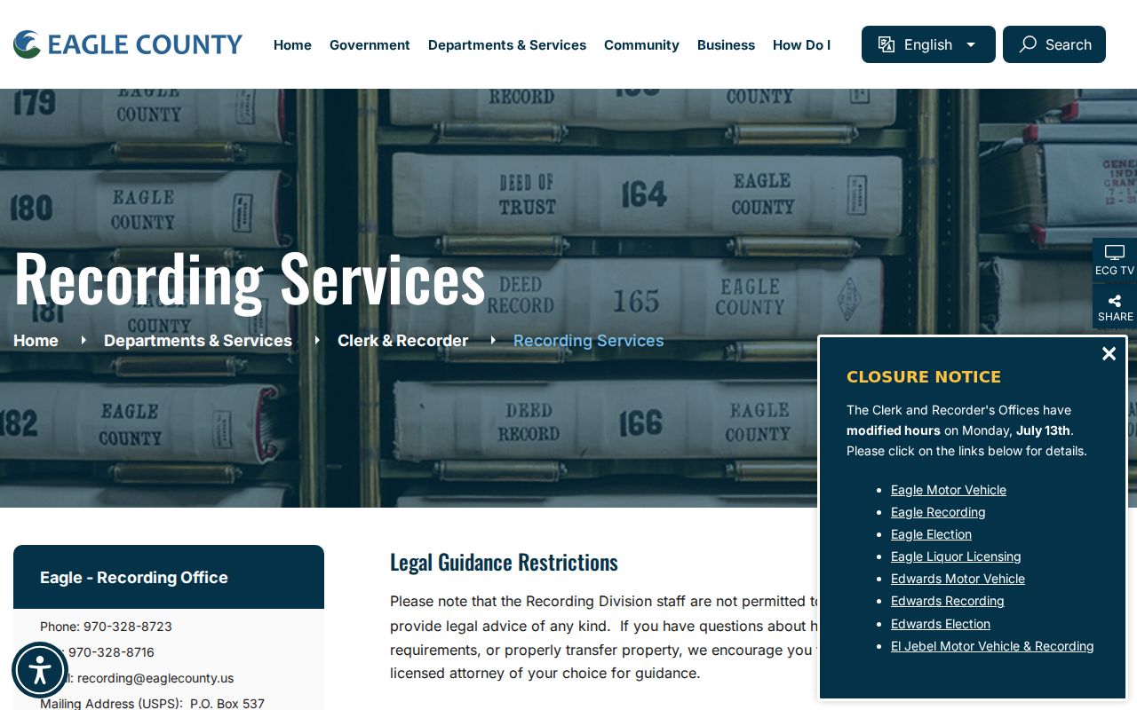 Eagle County marriage records recording services page