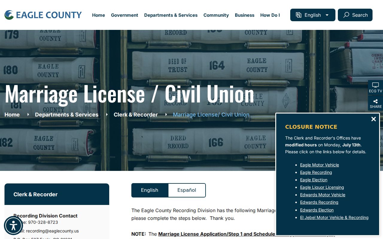Eagle County marriage records marriage license and civil union page