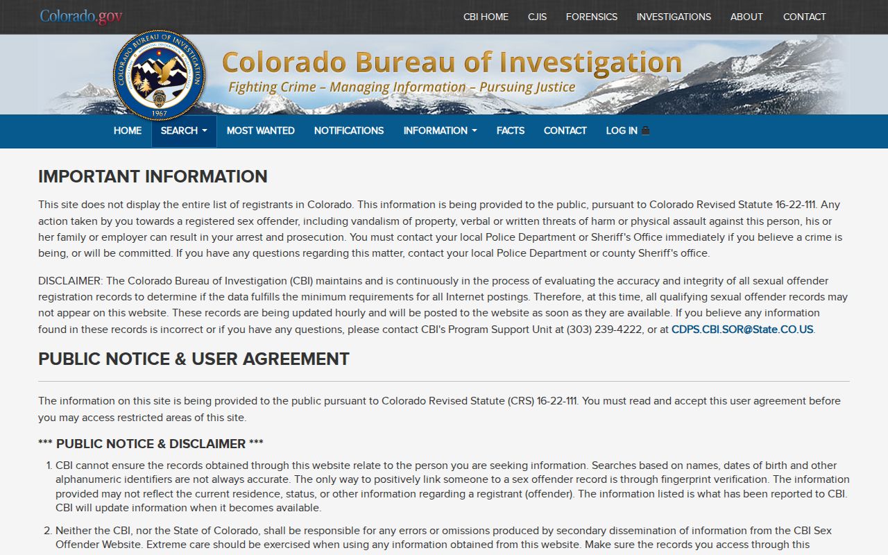 Eagle County warrant records CBI registry search agreement